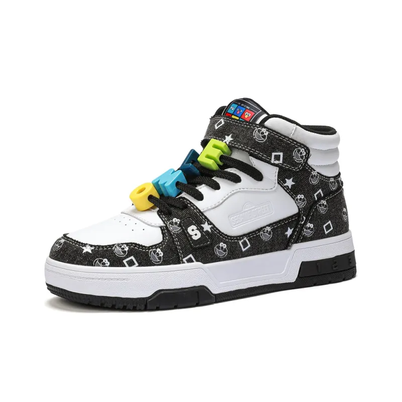 SESAME STREET Skateboard Shoes Unisex High Top Black & White/Denim Blue/Beige Apricot/Black-9