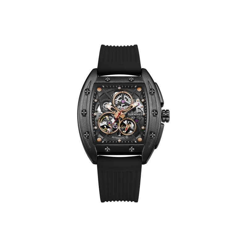 FAIRWHALE Pioneer Collection Black Men's Watch Automatic Mechanical Movement Silicone Strap Watch Unisex Cut Out Dial-0