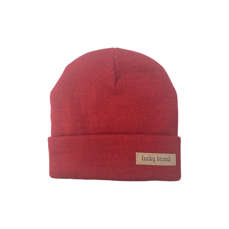 LUCKY BRAND Acrylic Burgundy Deep Sea Blue Vintage Leather Label Beanie Unisex-0
