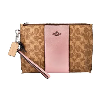 COACH CharliePouch Canvas With Leather Clutch Small Size Women's Pink & Brown Monogram