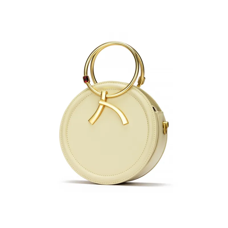 ROBERTA DI CAMERINO Cow Leather Small Round Bag, One Shoulder Handbag Medium Size Women's Ecru/Rose Red-1