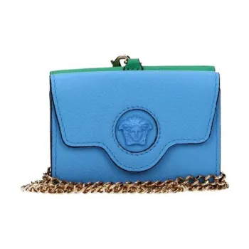 VERSACE La Medusa Leather Card Holder Wallet Women's Blue With Bright Green Accents