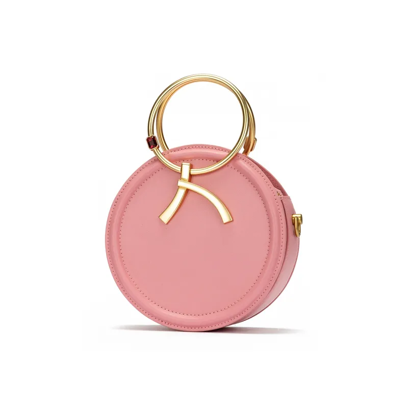 ROBERTA DI CAMERINO Cow Leather Small Round Bag, One Shoulder Handbag Medium Size Women's Ecru/Rose Red-6