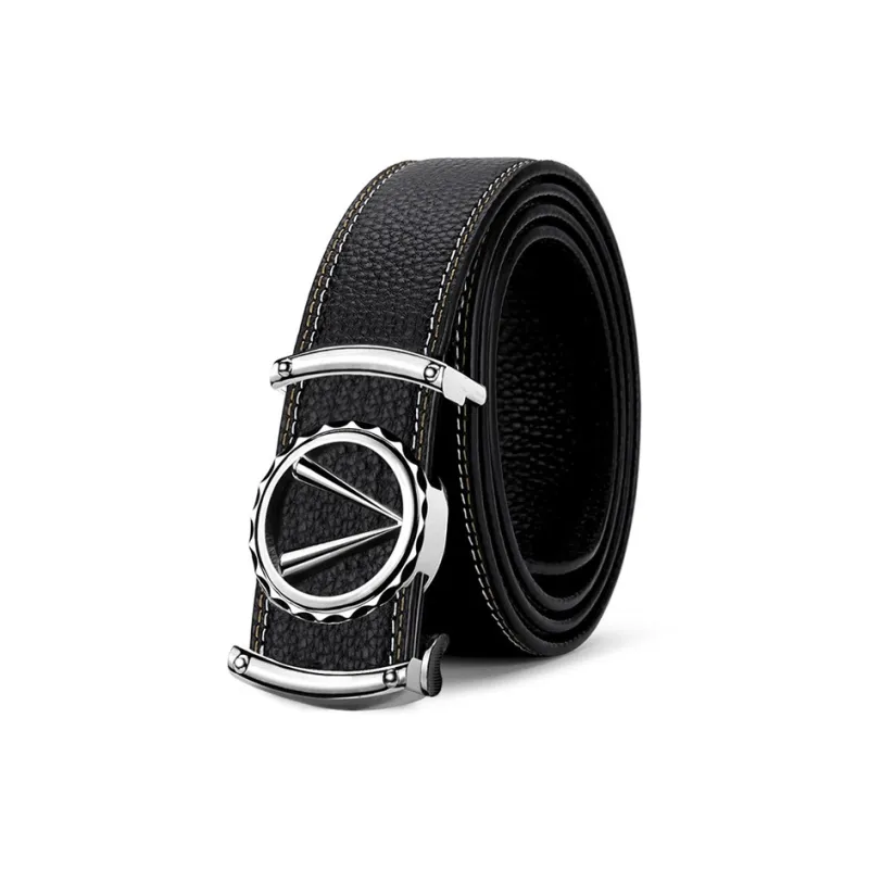 PISHUSHU Trendy Versatile Automatic Buckle Cow Leather Leather Belts Men's Black With Silver Buckle Width 3.3cm-1