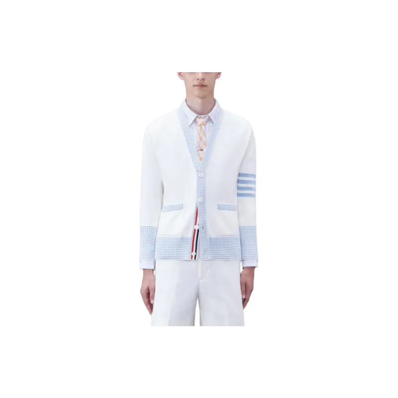 THOM BROWNE· Cotton 4 Bar V Neck Hector Cardigan Knitwear Men's White-2