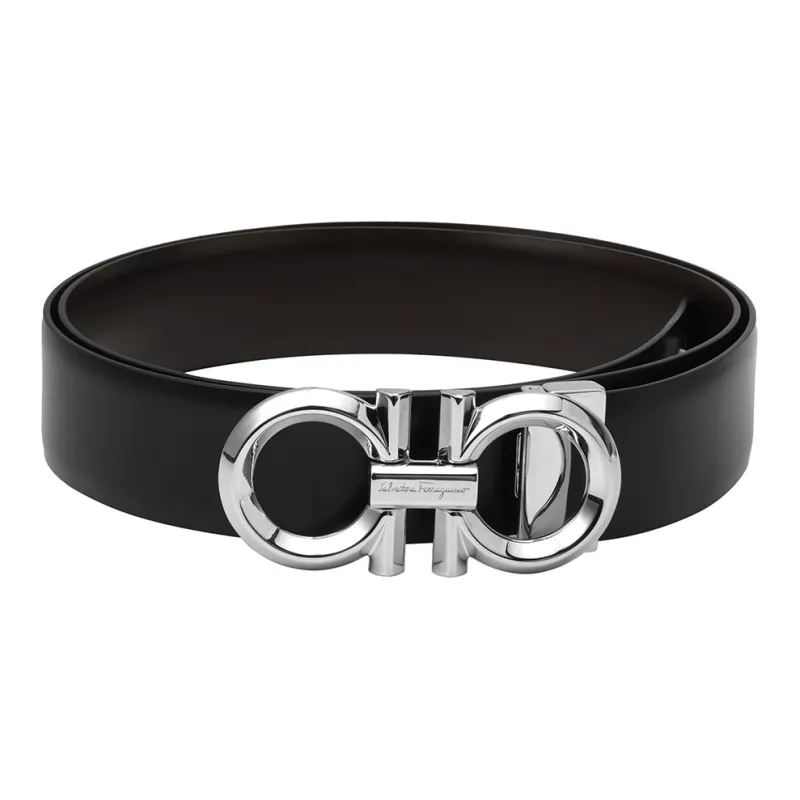 FERRAGAMO Men's Reversible Leather Belt Black/Walnut-4