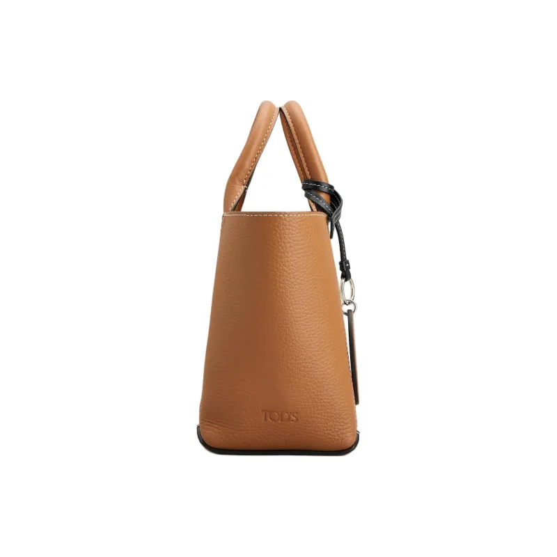 TOD'S Leather Paneled Canvas Tote Bag, Shopping Bag, Handbag Mini Women's Light Brown & Cream-2