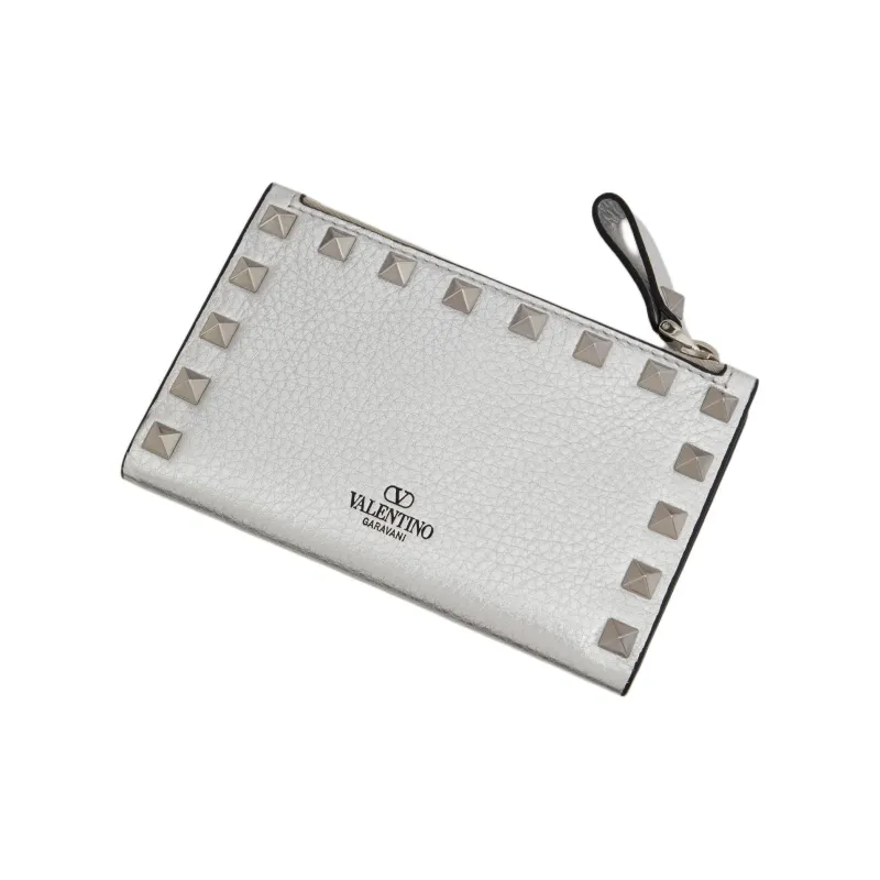 Valentino ROCKSTUD Grain Calfskin Card Holder Women's Silver-2