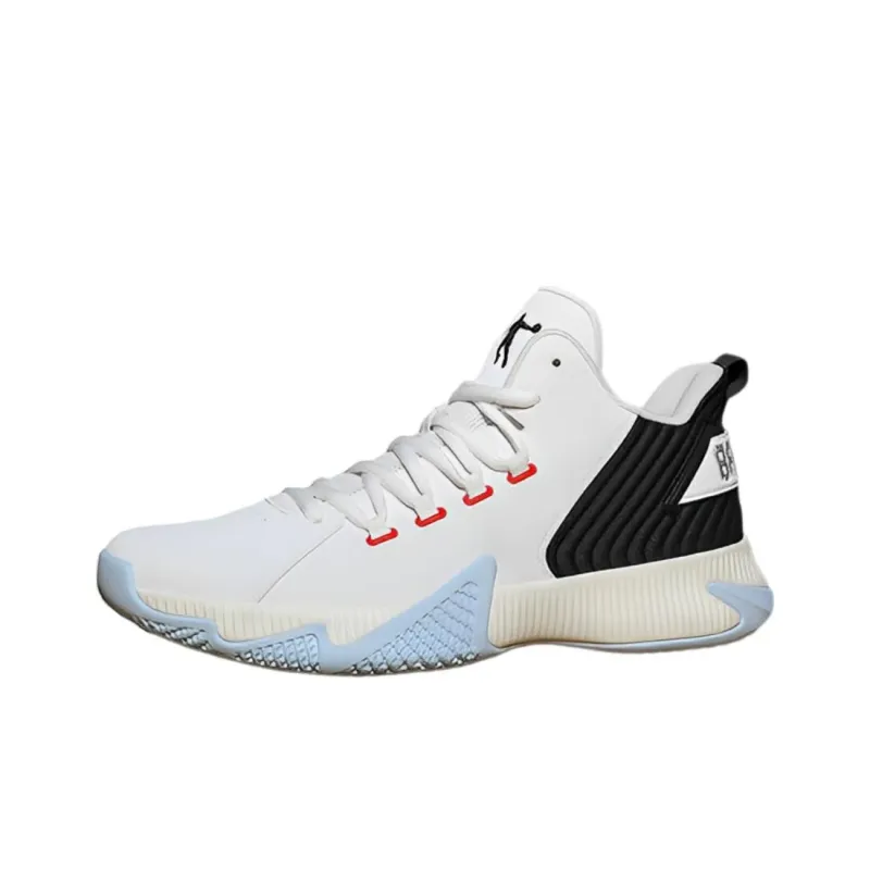 QIAODAN Cushioning Wear Resistant Mid Top Basketball Shoes Men's White Blue-0