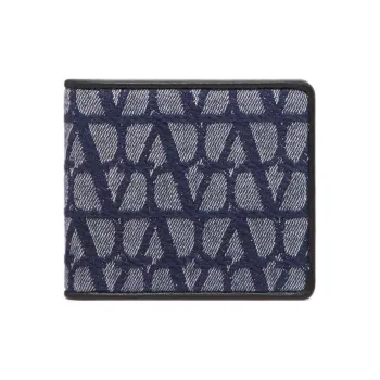 Valentino Jacquard Fabric With Leather Wallet Men's Blue & Black