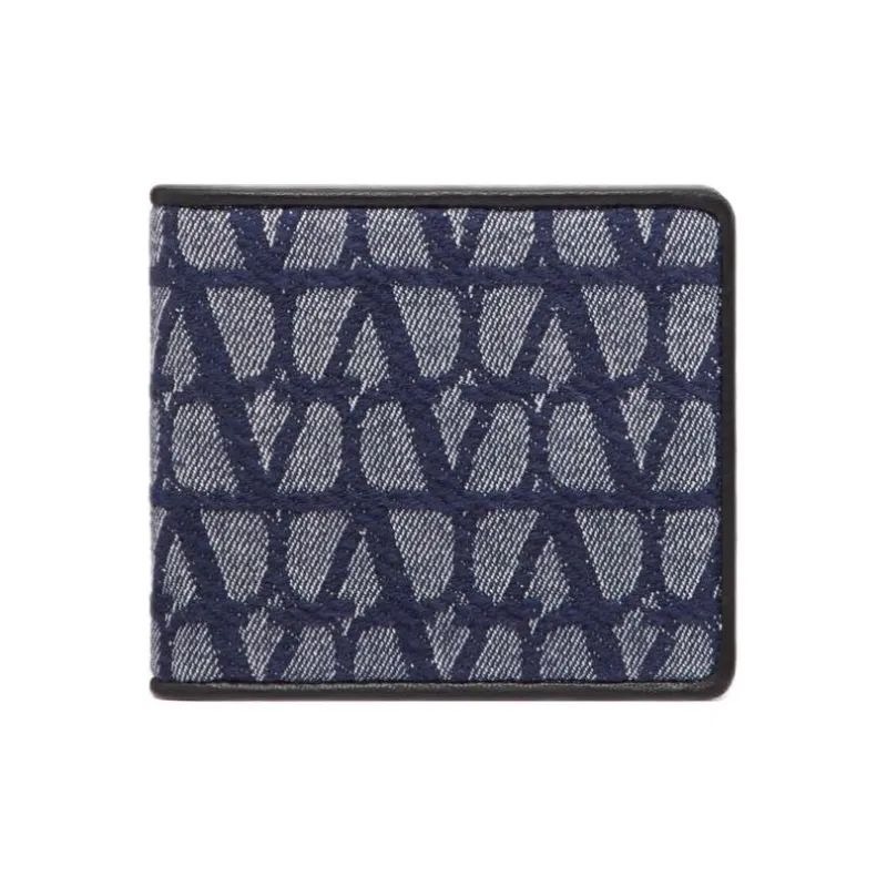 Valentino Jacquard Fabric With Leather Wallet Men's Blue & Black-0