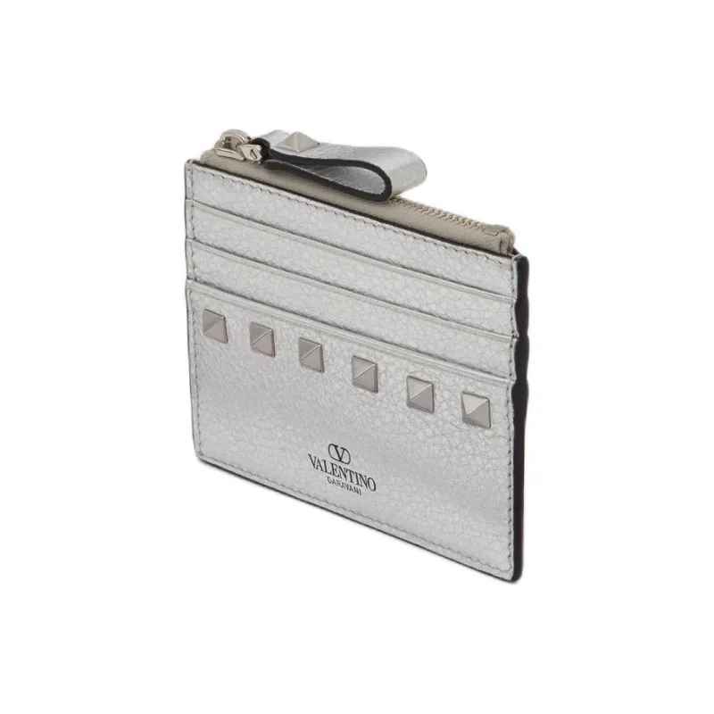 Valentino Rockstud Grain Cow Leather Card Holder Women's Silver-1