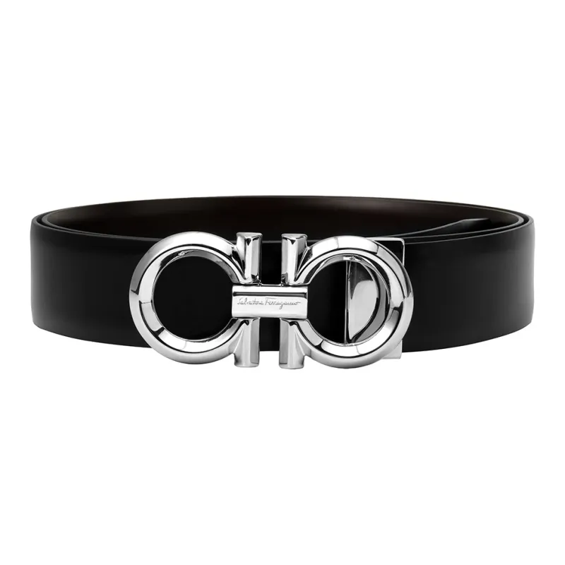 FERRAGAMO Men's Reversible Leather Belt Black/Walnut-3