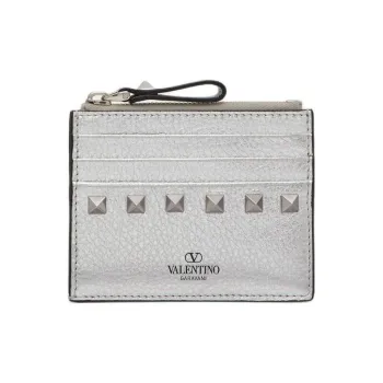 Valentino Rockstud Grain Cow Leather Card Holder Women's Silver