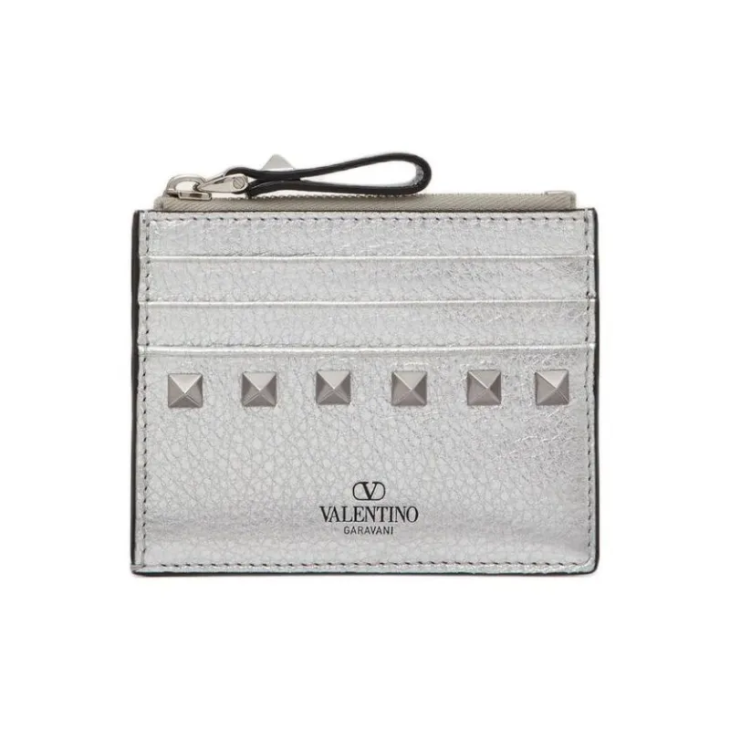 Valentino Rockstud Grain Cow Leather Card Holder Women's Silver-0