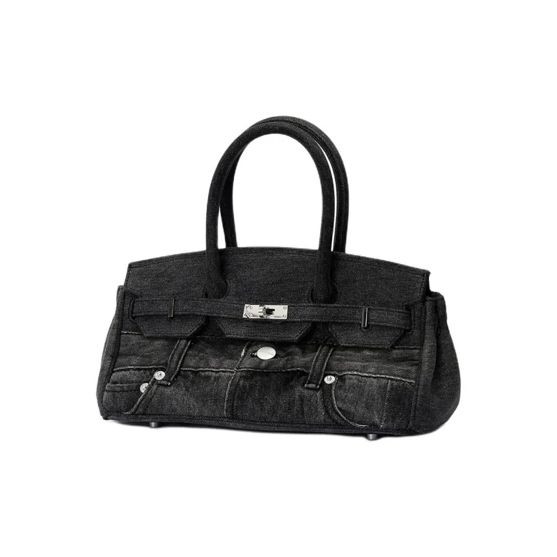 Margin Goods Denim Kelly Bag One Shoulder Handbags Medium Size Women's Black-1
