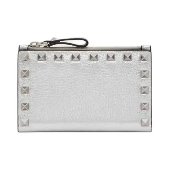 Valentino ROCKSTUD Grain Calfskin Card Holder Women's Silver