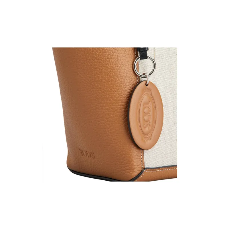 TOD'S Leather Paneled Canvas Tote Bag, Shopping Bag, Handbag Mini Women's Light Brown & Cream-4