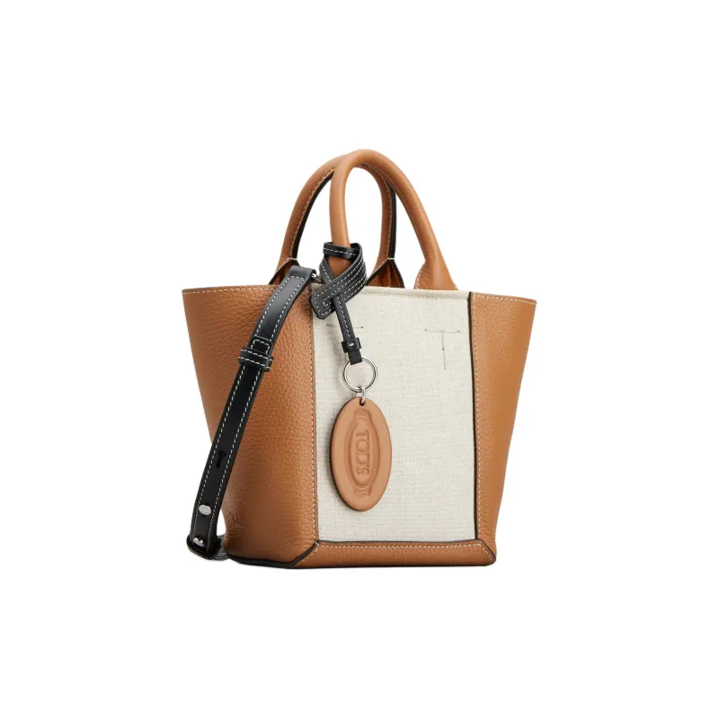 TOD'S Leather Paneled Canvas Tote Bag, Shopping Bag, Handbag Mini Women's Light Brown & Cream-1