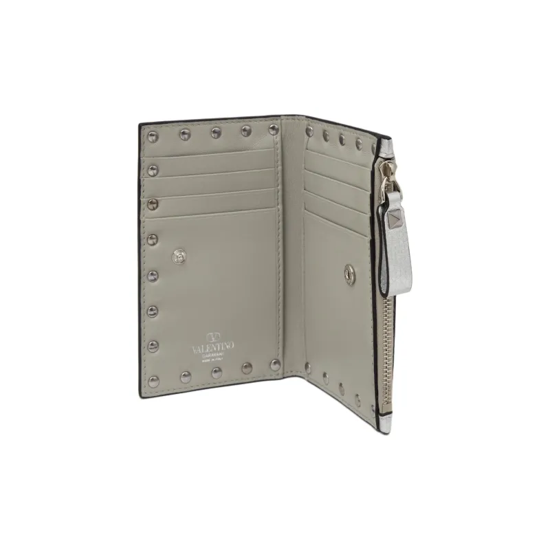 Valentino ROCKSTUD Grain Calfskin Card Holder Women's Silver-3