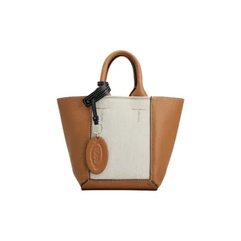 TOD'S Leather Paneled Canvas Tote Bag, Shopping Bag, Handbag Mini Women's Light Brown & Cream