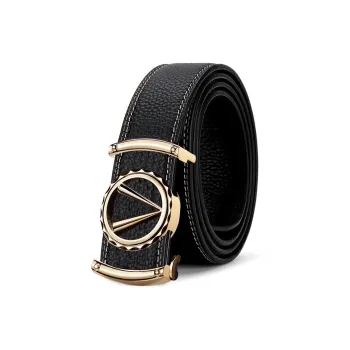 PISHUSHU Trendy Versatile Automatic Buckle Cow Leather Leather Belts Men's Black With Silver Buckle Width 3.3cm