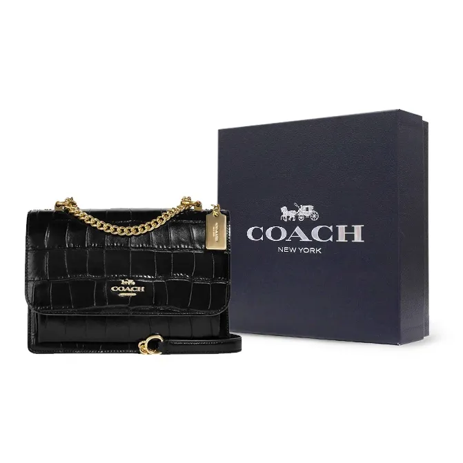 COACH Klare Crocodile Pattern Embossed Leather Small Square Bag Shoulder Bag Crossbody Bag Medium Size Women's Black-8