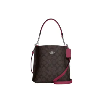 COACH Canvas With Leather Bucket Bag, Handbag, Crossbody Bag Women's Brown & Bright Purple