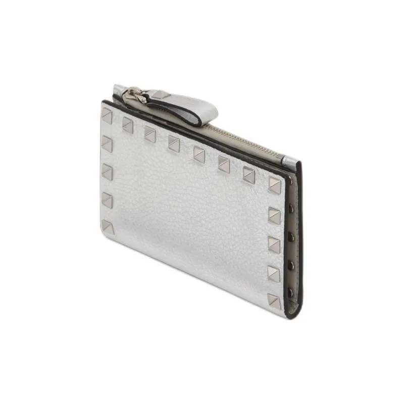 Valentino ROCKSTUD Grain Calfskin Card Holder Women's Silver-1