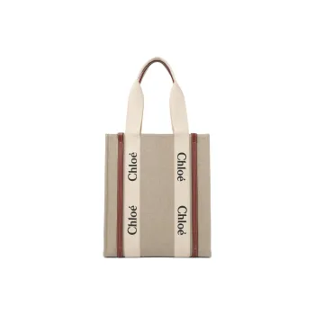 Chloe Woody Linen Canvas With Cow Leather Canvas Bag Tote Bag Shopping Bag Handbag Women's Tan