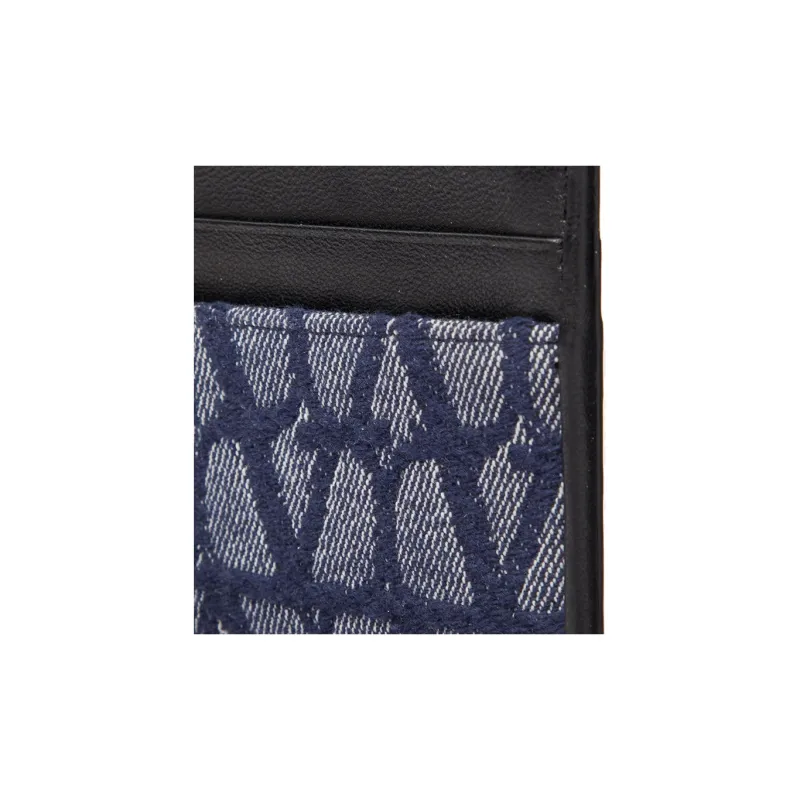 Valentino GARAVANI Jacquard Fabric Wallet, Card Holder Men's Blue & Black-4