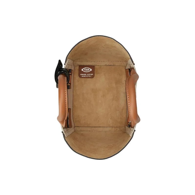 TOD'S Leather Paneled Canvas Tote Bag, Shopping Bag, Handbag Mini Women's Light Brown & Cream-3