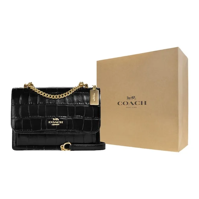 COACH Klare Crocodile Pattern Embossed Leather Small Square Bag Shoulder Bag Crossbody Bag Medium Size Women's Black-6