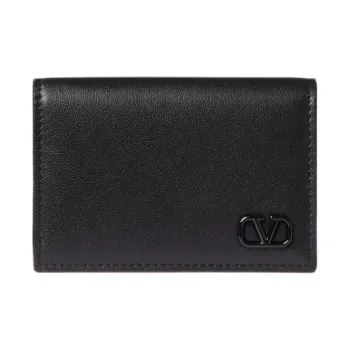 Valentino Vlogo Lacquered Finish Patchwork Cow Leather Card Holder Mini Men's Black