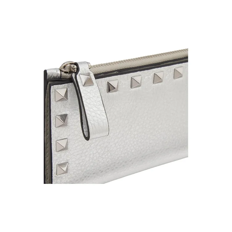 Valentino ROCKSTUD Grain Calfskin Card Holder Women's Silver-4