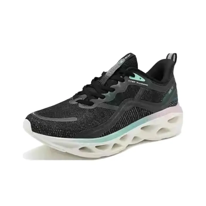 XTEP Shock Absorption Spinning 10.0 Anti Slip Wear Resistant Low Top Running Shoes Women's Black Green Pink-1