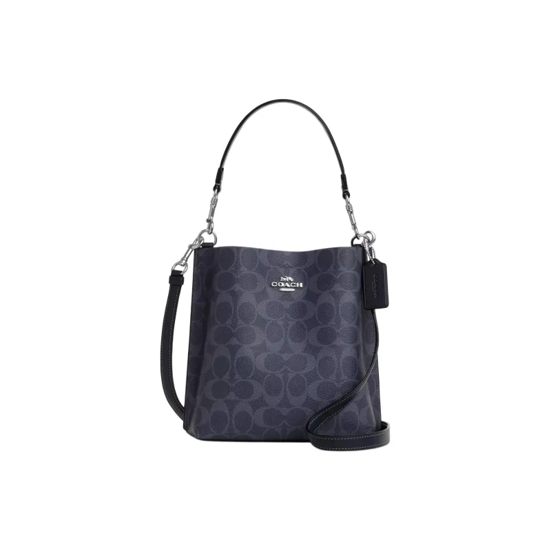 COACH Mollie Canvas With Leather Bucket Bag Handbag Shoulder Bag Crossbody Bag Women's Silver Denim Midnight Navy-0