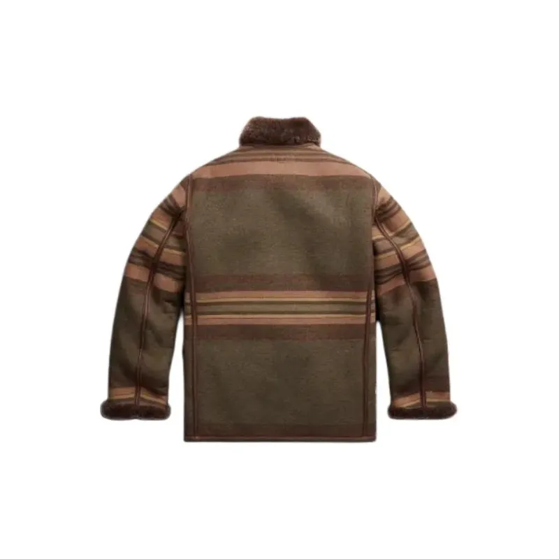 Polo Ralph Lauren Shearling-Lined Striped Woven Peacoat Coats Men's Brown-1