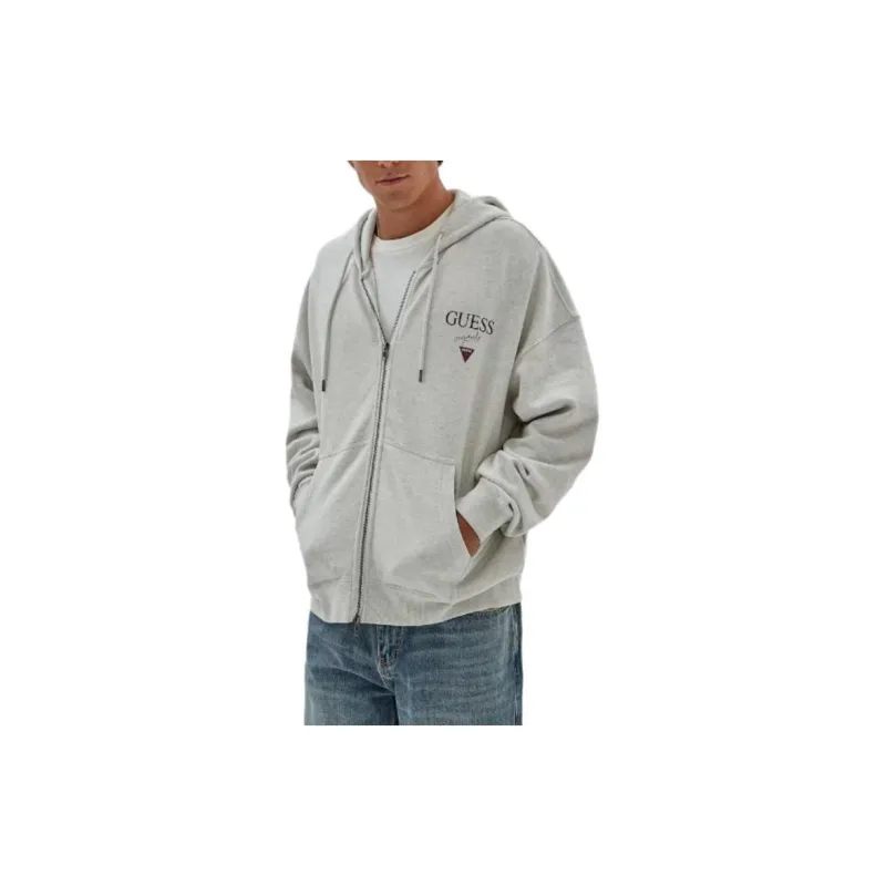 GUESS Originals Heathered Logo Zip Hoodie Jackets Coats Unisex Gray-2