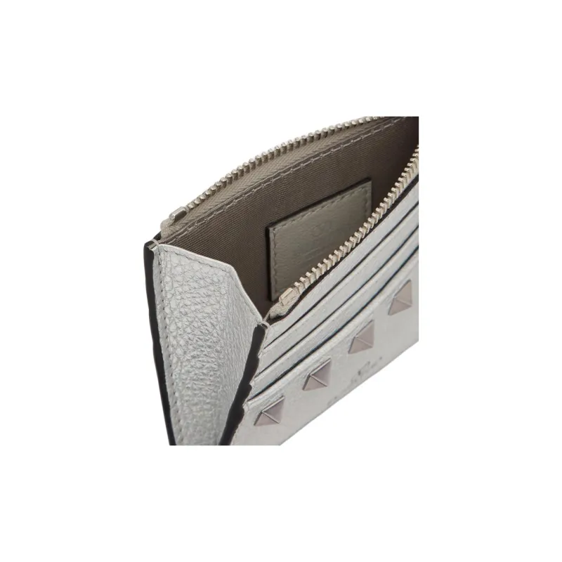 Valentino Rockstud Grain Cow Leather Card Holder Women's Silver-4