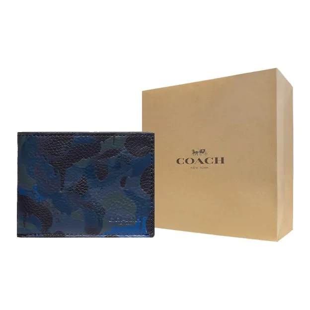 COACH Billfold Wallet Glossy Pebbled Leather Coin Purse Card Holder Wallet Mini Men's Camouflage Blue-3