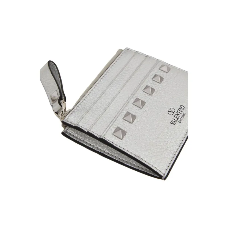 Valentino Rockstud Grain Cow Leather Card Holder Women's Silver-3