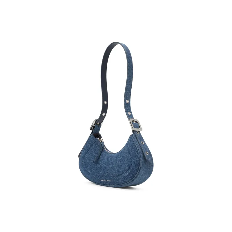 CHARLES&KEITH Denim Shoulder Bag, Pea Bag Single Shoulder Bag Women's Dark Denim Blue-1