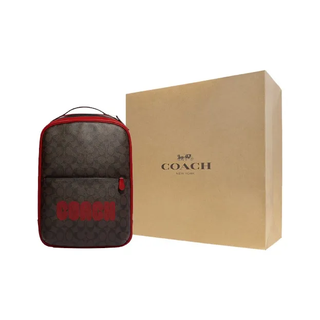 COACH Westway Coated Canvas With Smooth Calfskin Backpack Large Size Unisex Mahogany Color With Red-6