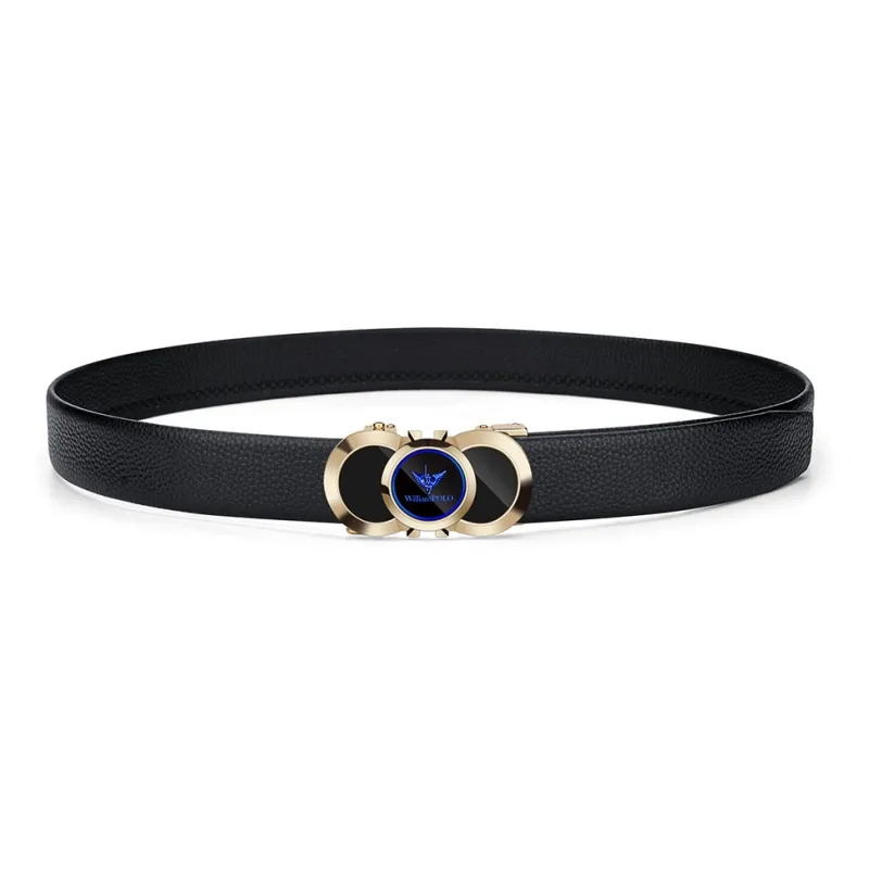 WilliamPOLO Top Grain Cow Leather Leather Belts Men's Gold Tone Lock Blue Logo 3.5cm Width-1