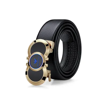 WilliamPOLO Top Grain Cow Leather Leather Belts Men's Gold Tone Lock Blue Logo 3.5cm Width