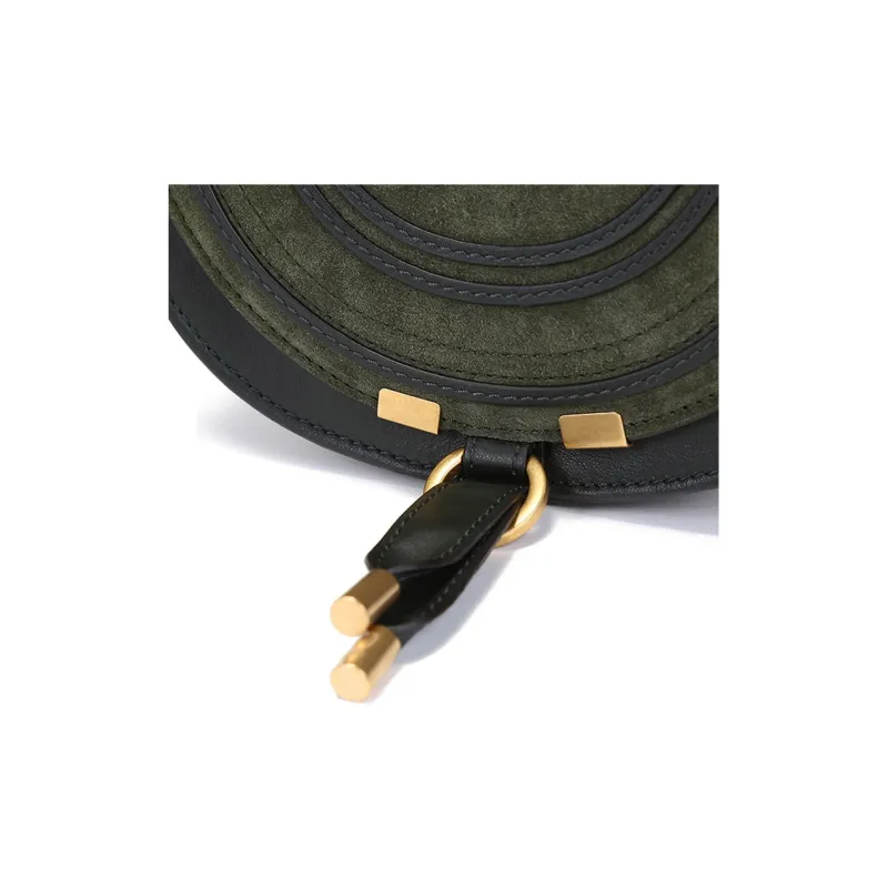 Chloe Marcie Suede Patchwork Shiny Calfskin Saddle Bag, Shoulder Bag, Crossbody Bag Mini Women's Night Forest Green-7