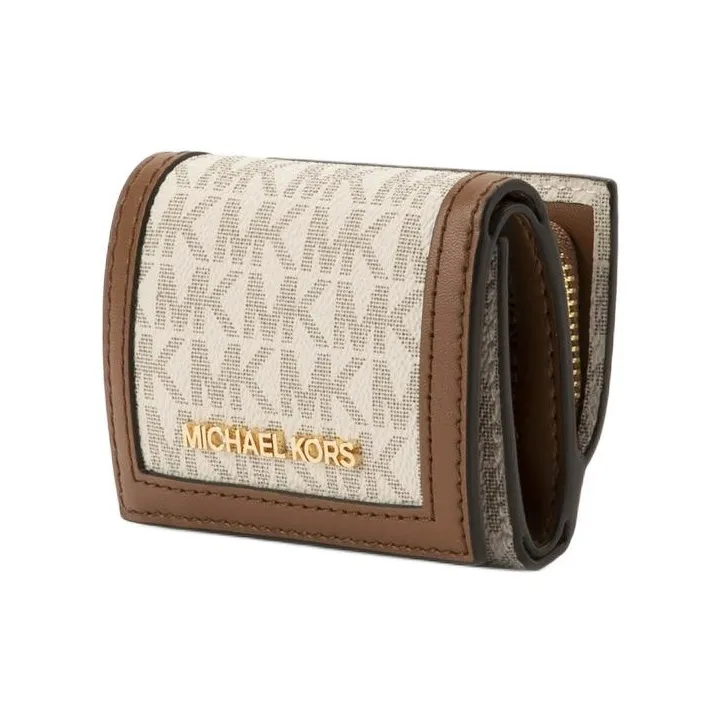 MICHAEL KORS Jet Set Travel Coated Canvas Wallet Extra Small Unisex Vanilla White & Acorn Brown-1