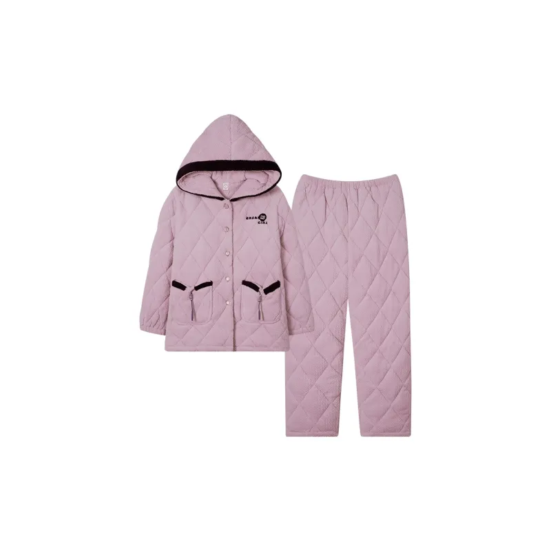 Sha Qian Winter Pajama Set Women's Pink Purple-0