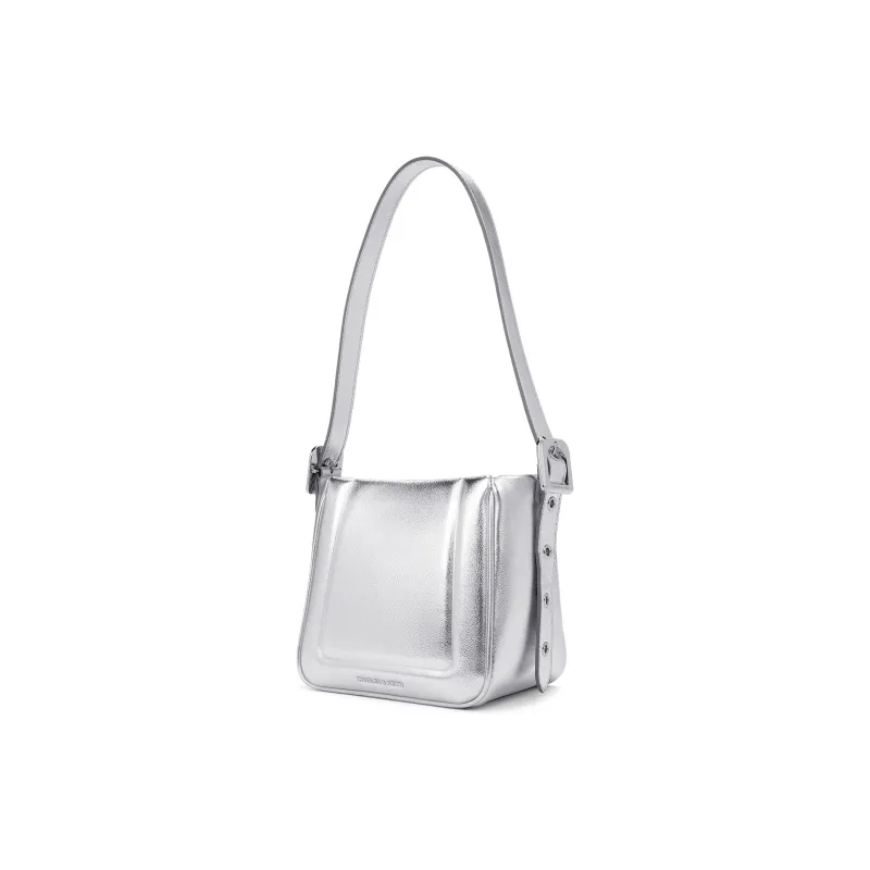 CHARLES&KEITH PU One Shoulder Crossbody Bucket Bag Medium Size Women's Noir Black/Oat/Silver-9